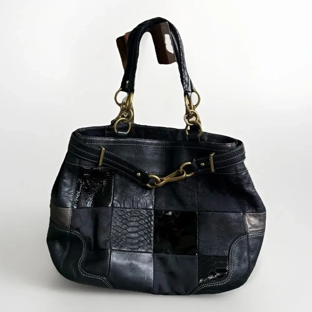 Vtg COACH HAMPTONS BLACK PATCHWORK LEATHER CARRYALL TOTE BAG PURSE HANDBAG RARE